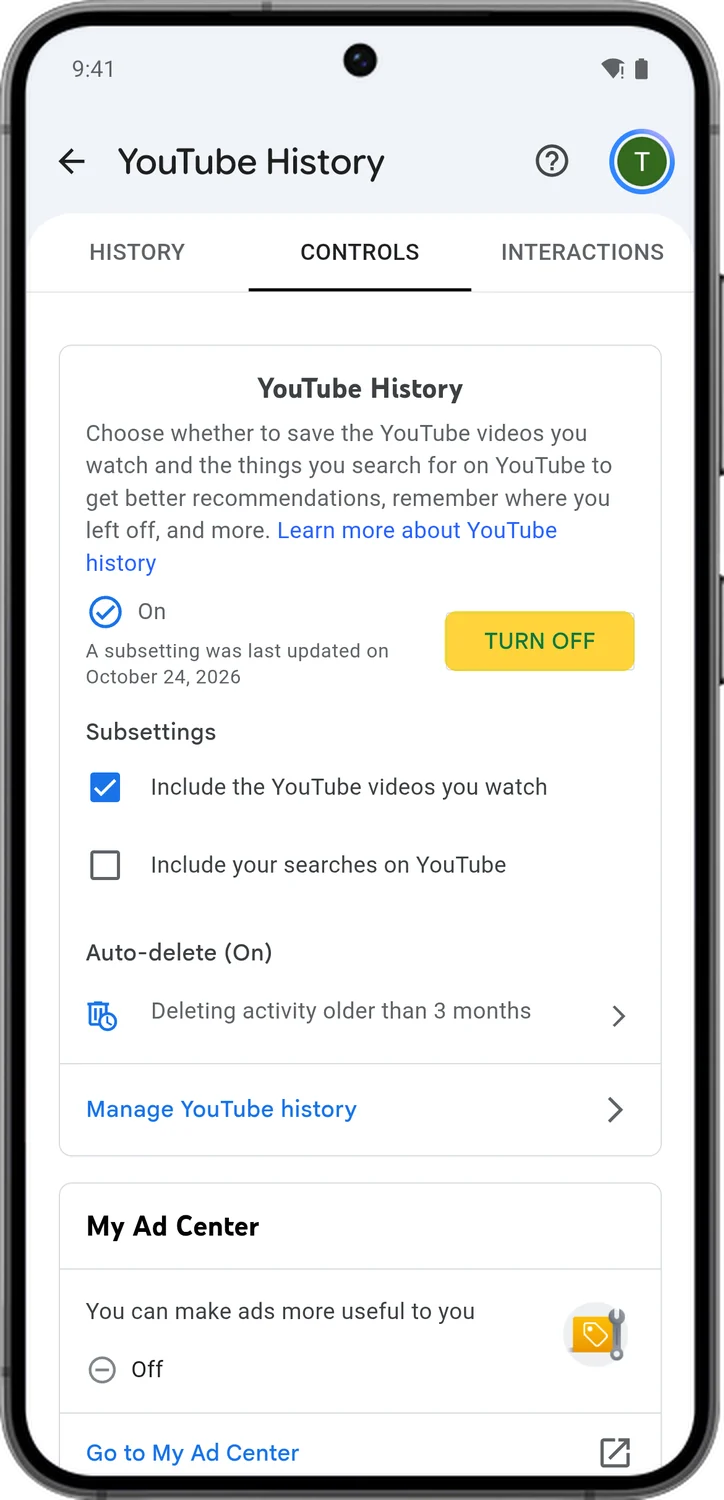 Google Account screen for step 2: Tap Turn off.