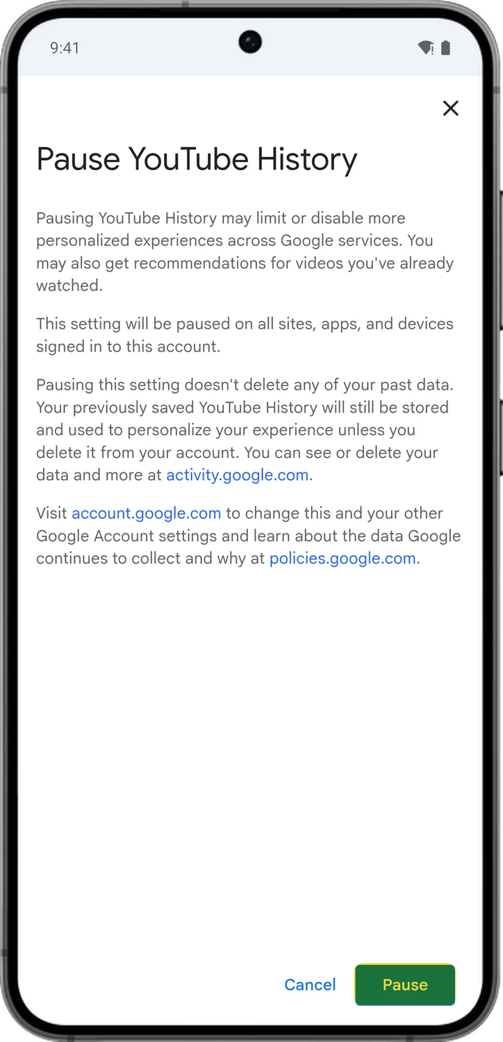 Google Account screen for step 3: Google calls it pausing here. Tap Pause.