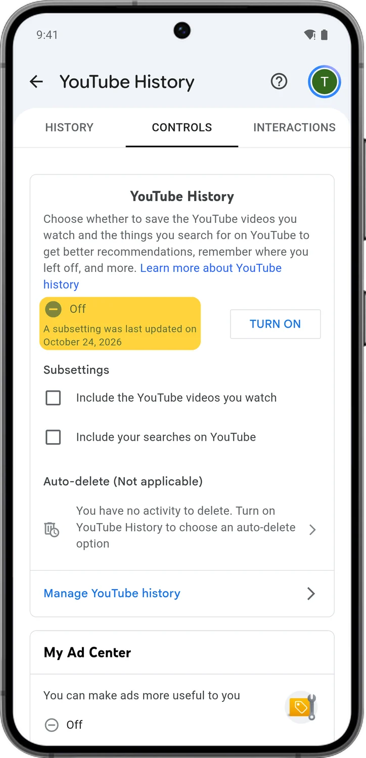 Google Account screen for step 5: YouTube History now says Off.