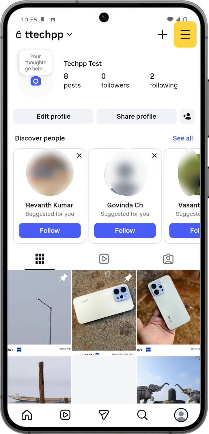 Instagram screen for step 2: Tap the menu button (three lines) at the top right.