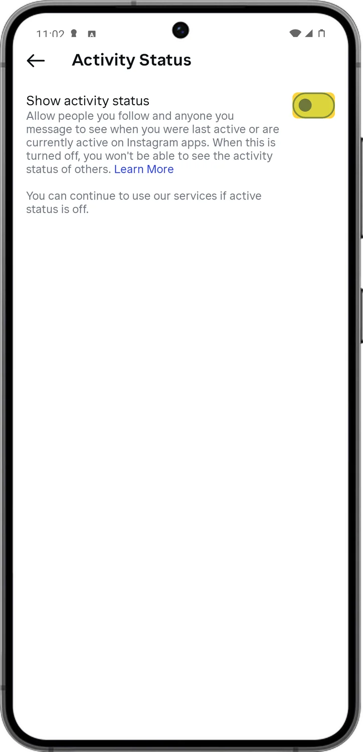 Instagram screen for step 5: Turn off Show activity status. People can no longer see when you were last online.