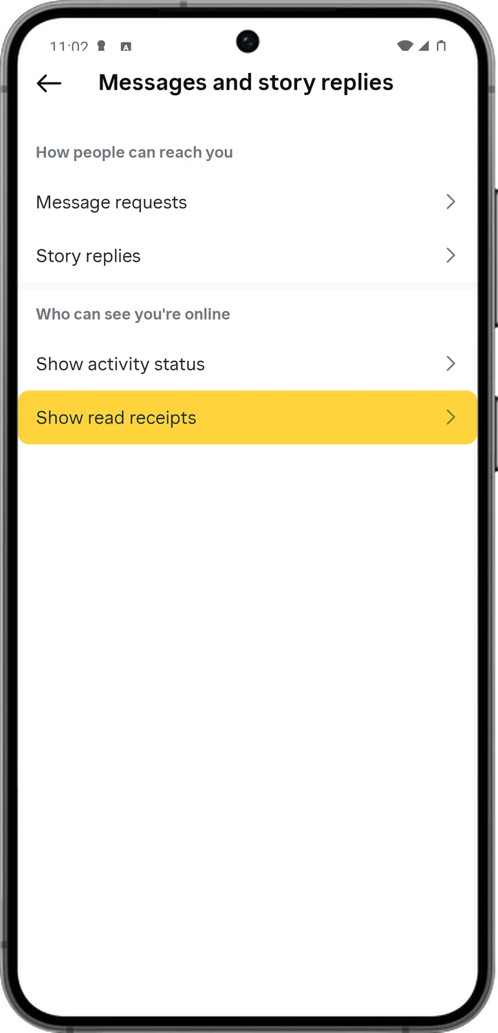 Instagram screen for step 6: Go back and tap Show read receipts.