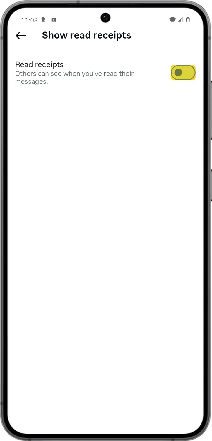 Instagram screen for step 7: Turn off Read receipts. Nobody can see when you have read their message.