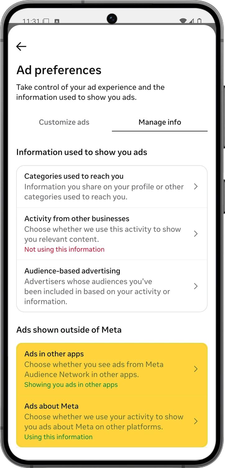 Instagram screen for step 10: Open Ads in other apps and Ads about Meta. Turn both off.
