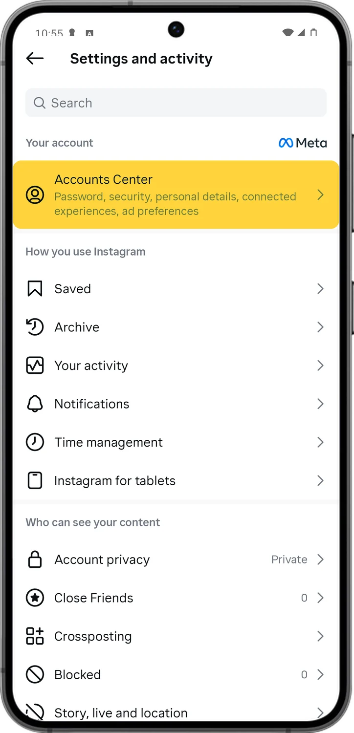 Instagram screen for step 3: At the top, tap Accounts Center.