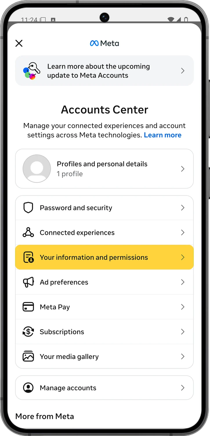 Instagram screen for step 4: Tap Your information and permissions.