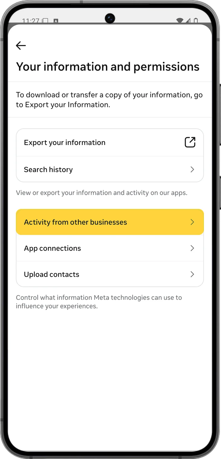 Instagram screen for step 5: Tap Activity from other businesses.