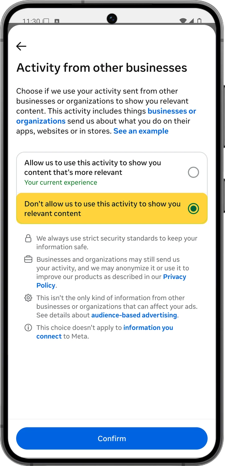 Instagram screen for step 6: Choose Don't allow us to use this activity to show you relevant content.