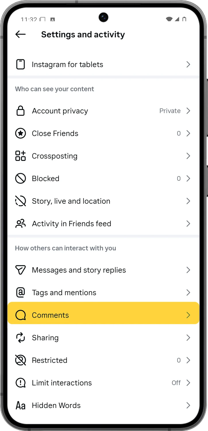 Instagram screen for step 3: Scroll down and tap Comments.
