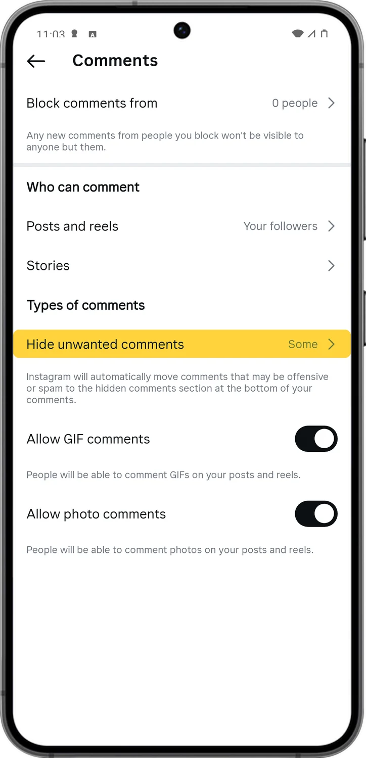 Instagram screen for step 4: Tap Hide unwanted comments.