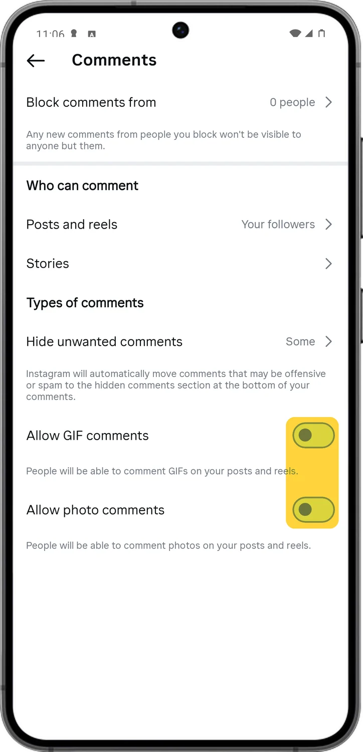 Instagram screen for step 6: Go back. Turn off Allow GIF comments and Allow photo comments.