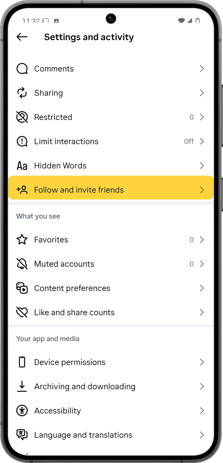 Instagram screen for step 3: Scroll down and tap Follow and invite friends.