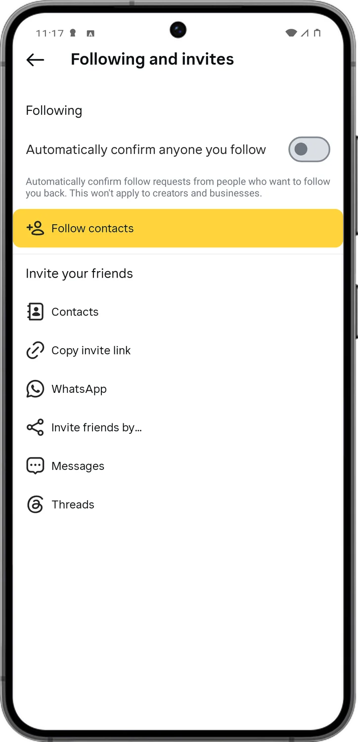 Instagram screen for step 4: Tap Follow contacts.