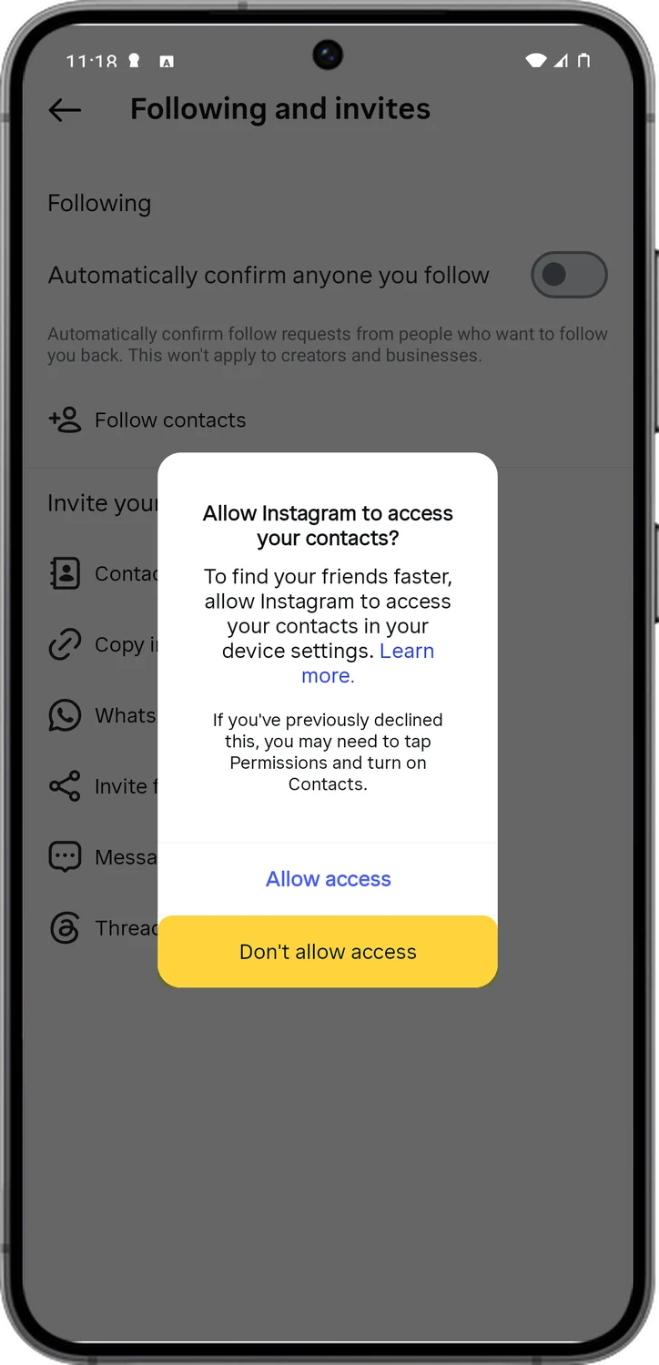 Instagram screen for step 5: Tap Don't allow access.