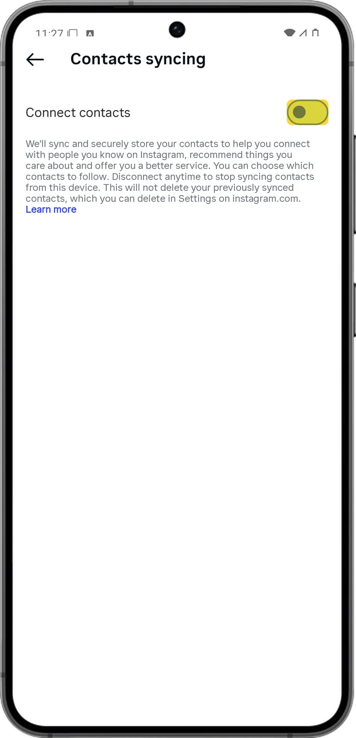 Instagram screen for step 6: In Accounts Center, open Your information and permissions, then Upload contacts. Keep Connect contacts off.