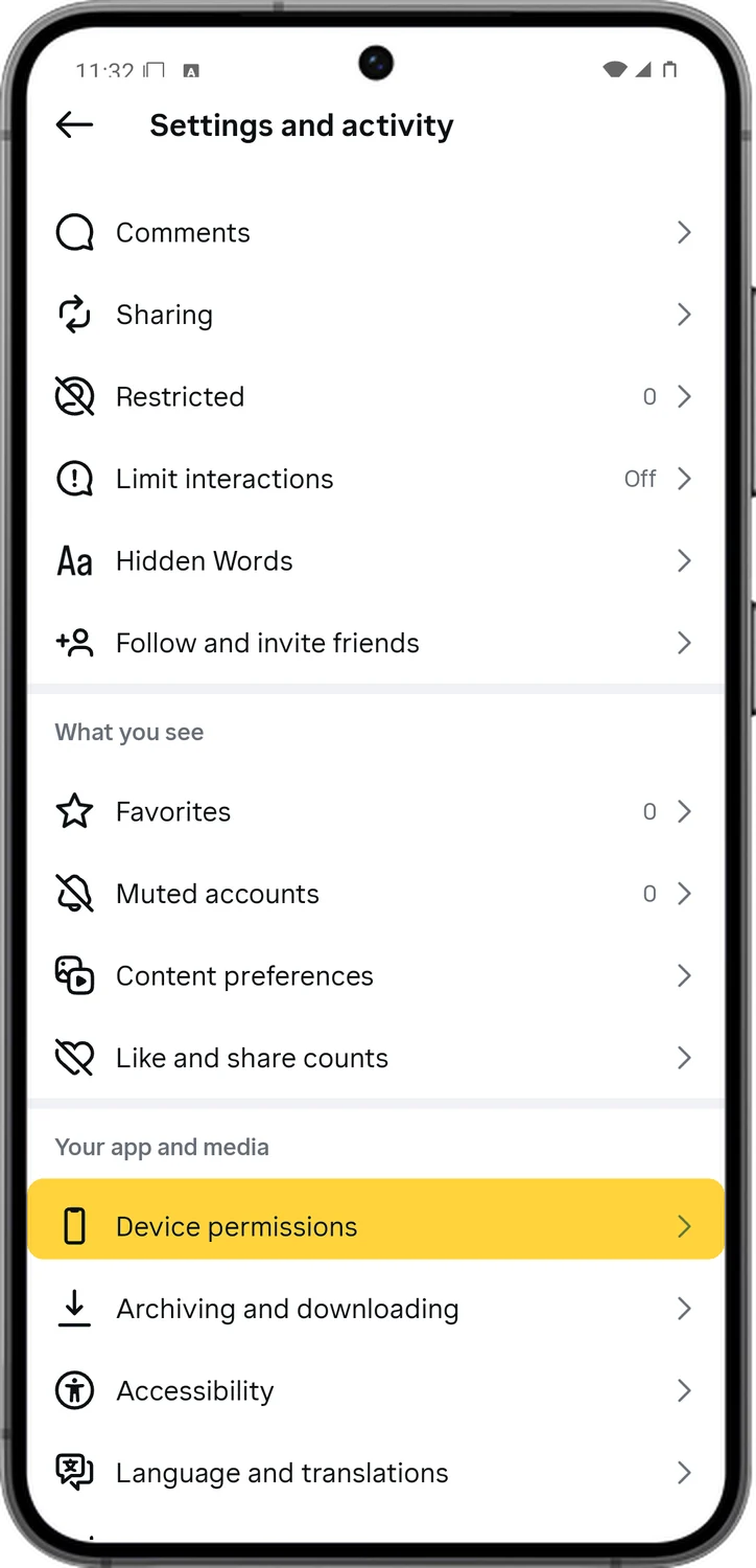 Instagram screen for step 3: Scroll down to Your app and media. Tap Device permissions.