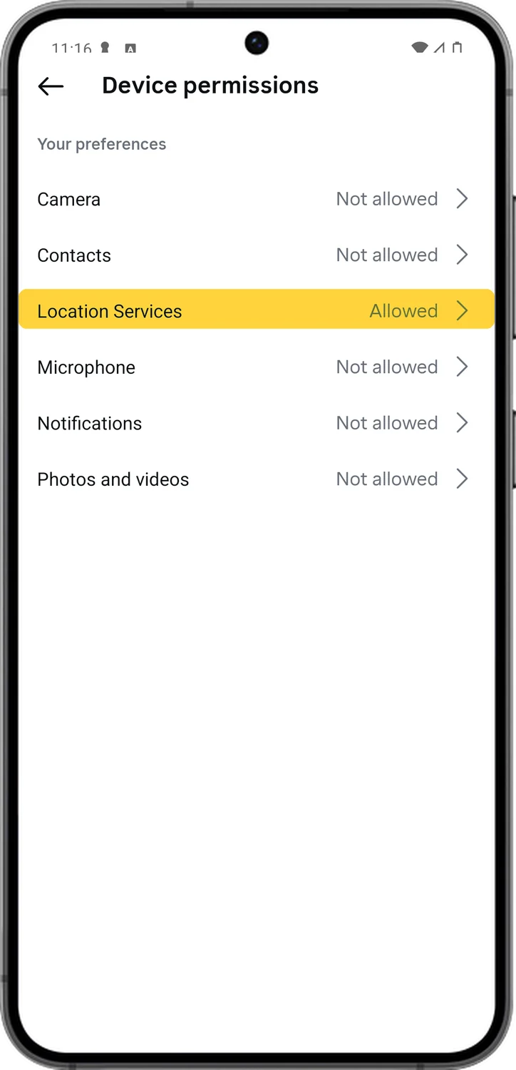 Instagram screen for step 4: Tap Location Services and choose Don't allow. Do the same for Contacts.