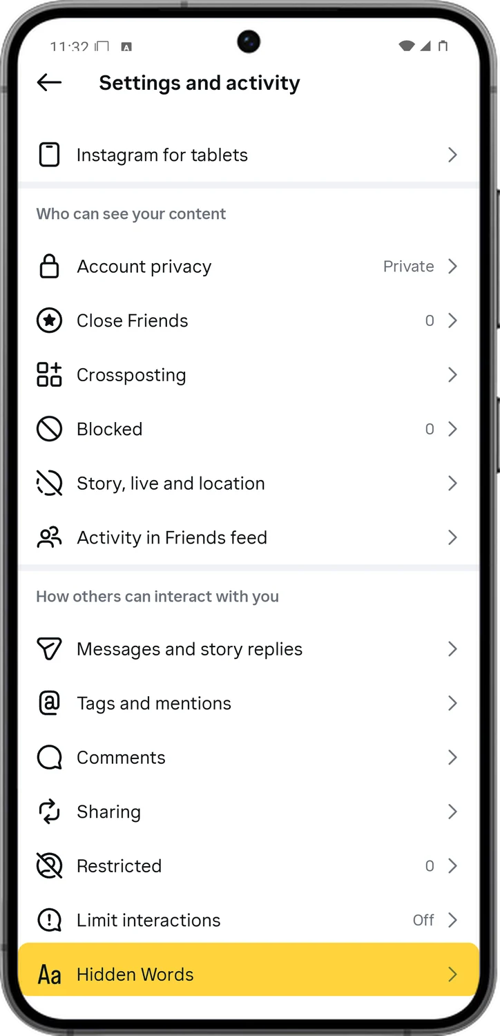 Instagram screen for step 3: Scroll down and tap Hidden Words.