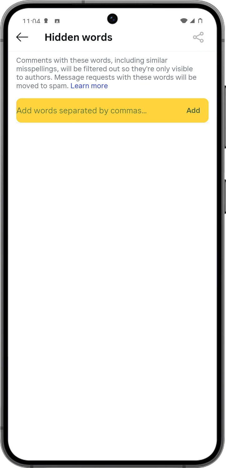 Instagram screen for step 4: Type the words you want to block, separated by commas. Tap Add.