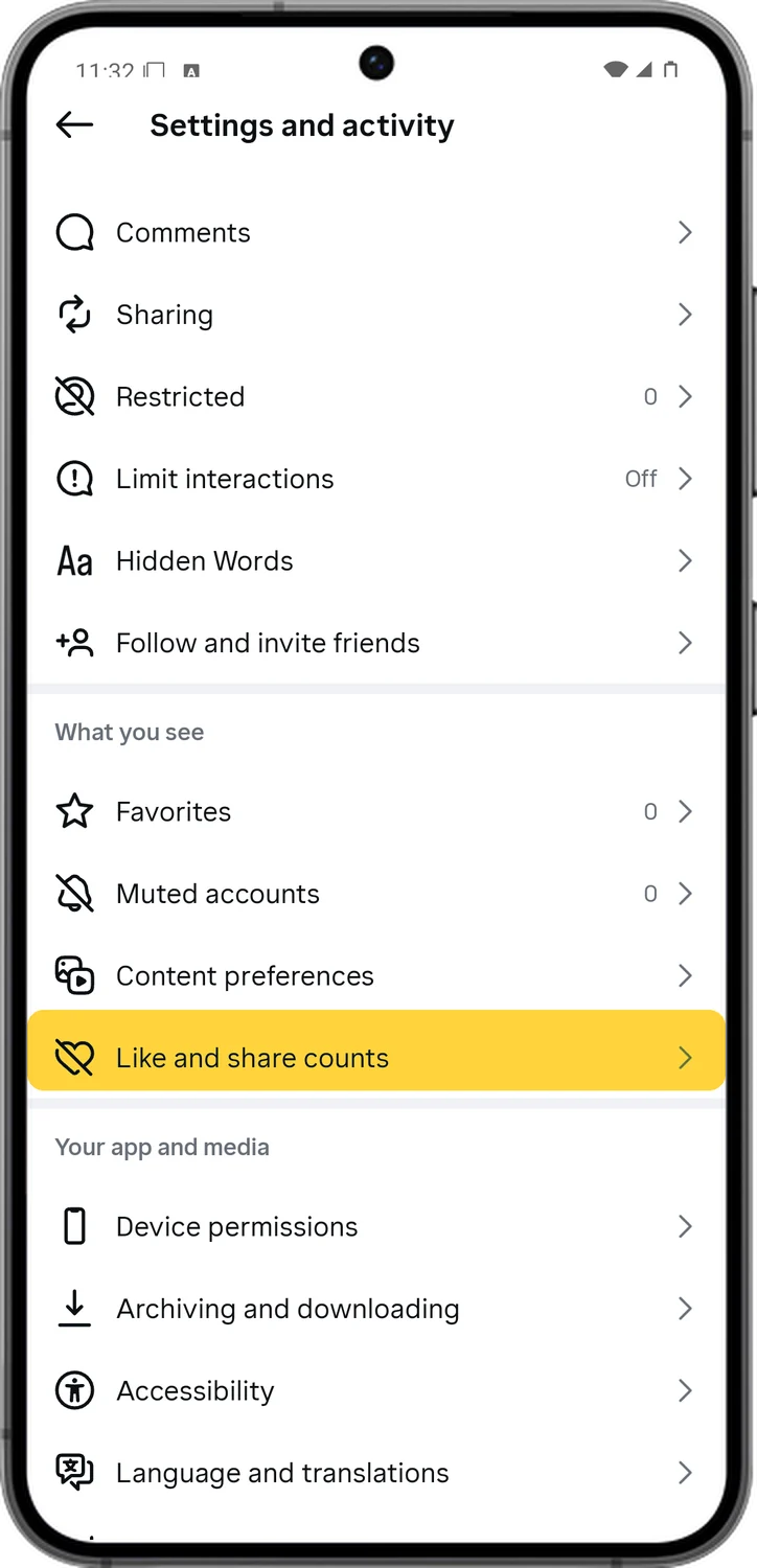 Instagram screen for step 3: Scroll down to What you see. Tap Like and share counts.