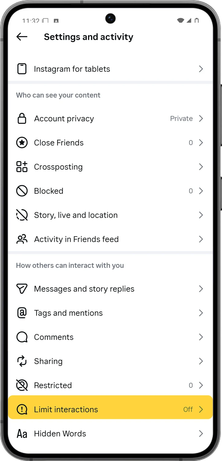 Instagram screen for step 3: Scroll down and tap Limit interactions.