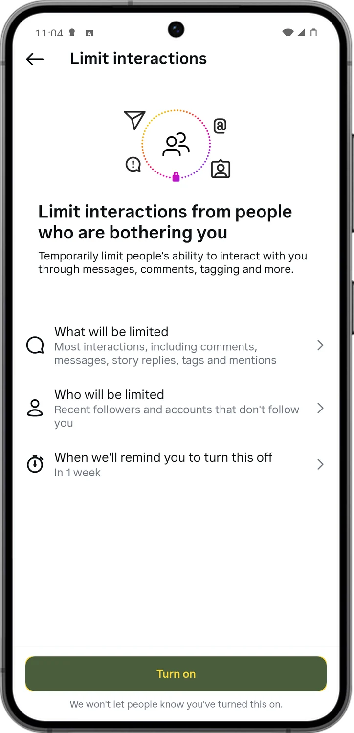 Instagram screen for step 4: Read the three lines, then tap Turn on. It stays on for a week.