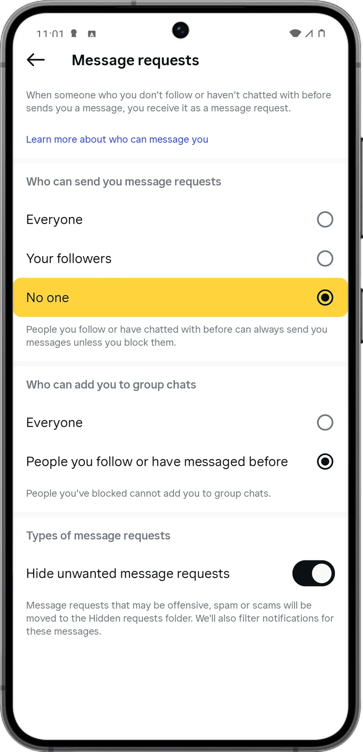 Instagram screen for step 5: Under Who can send you message requests, choose No one.