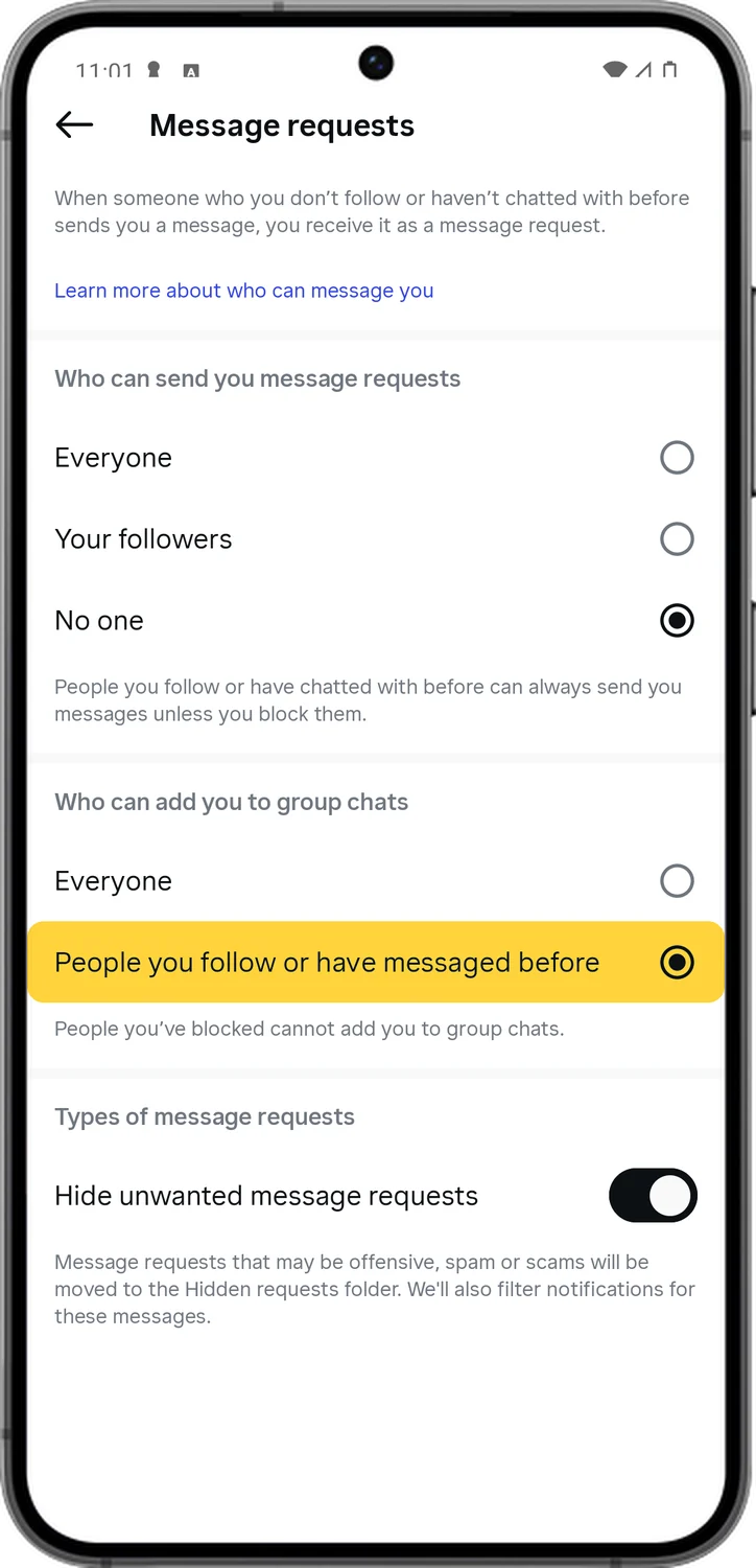 Instagram screen for step 6: Under Who can add you to group chats, choose People you follow or have messaged before.