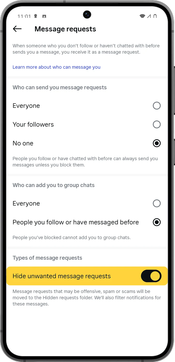 Instagram screen for step 7: Turn on Hide unwanted message requests.