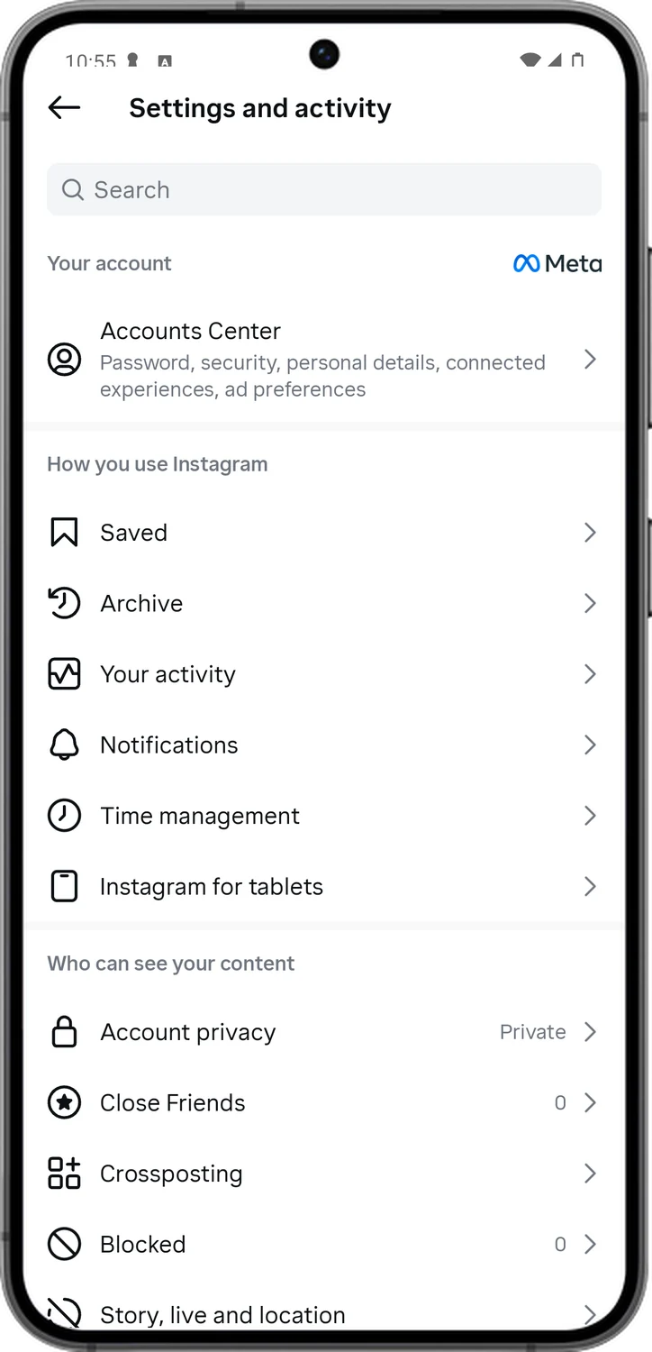 Instagram screen for step 3: This is Settings and activity. Every setting in this guide is here.