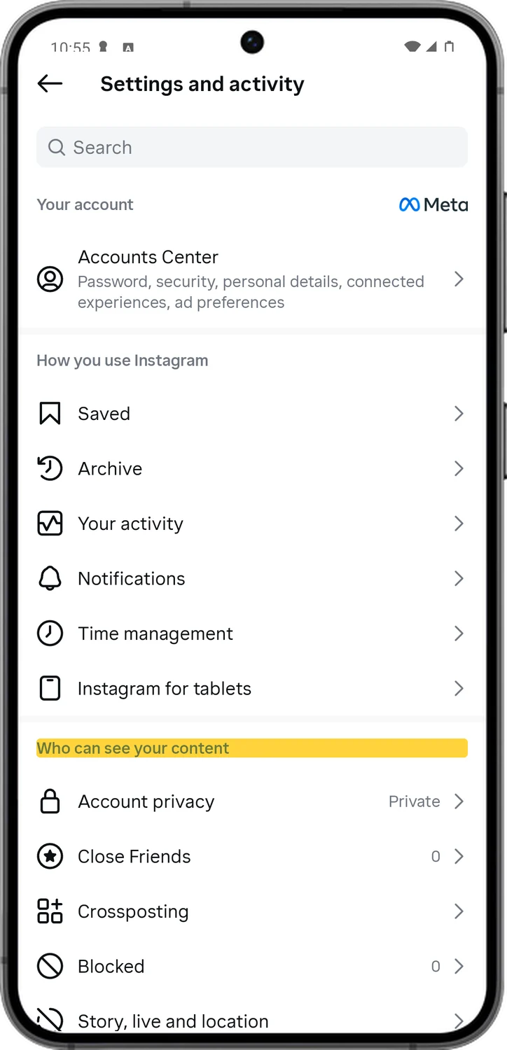 Instagram screen for step 4: Scroll down for Who can see your content and How others can interact with you.