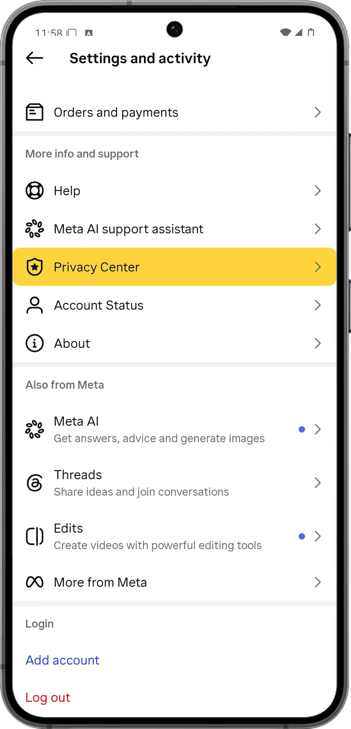 Instagram screen for step 4: Under More info and support, tap Privacy Center.
