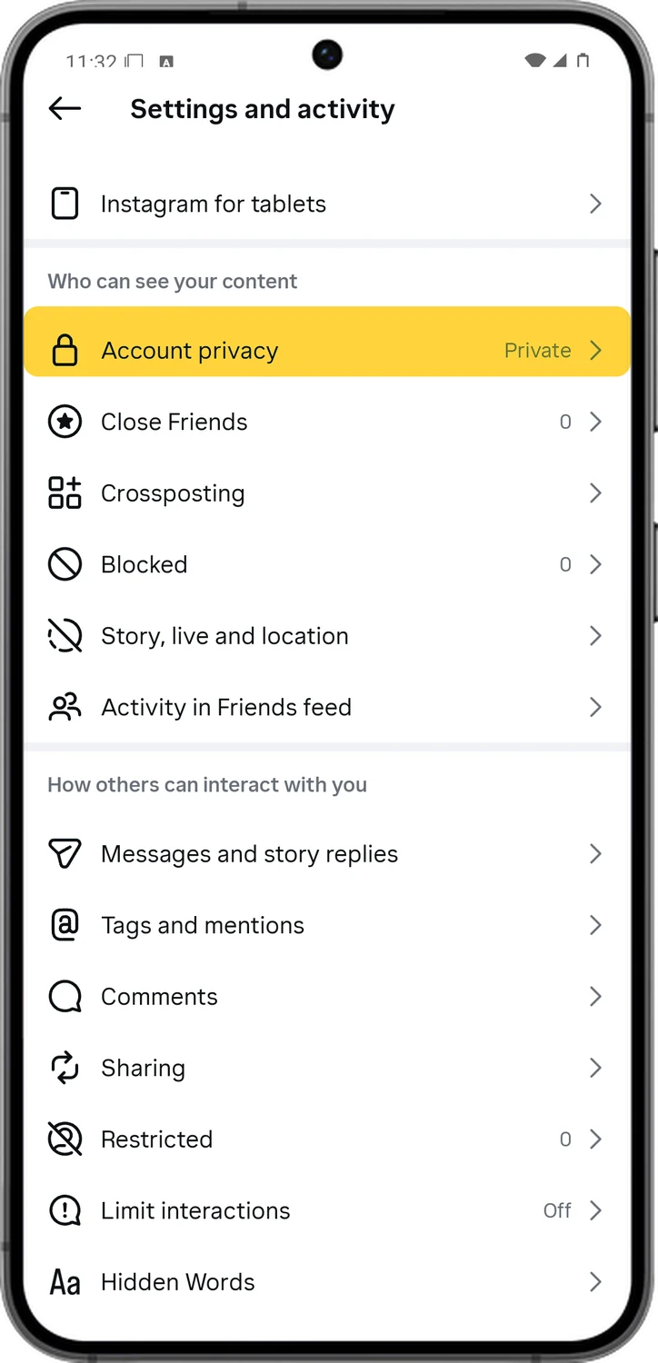Instagram screen for step 3: Scroll down and tap Account privacy.