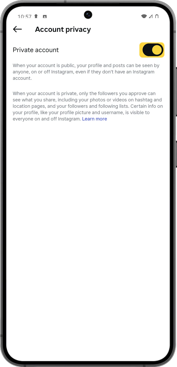 Instagram screen for step 4: Turn on Private account. New followers now need your approval.