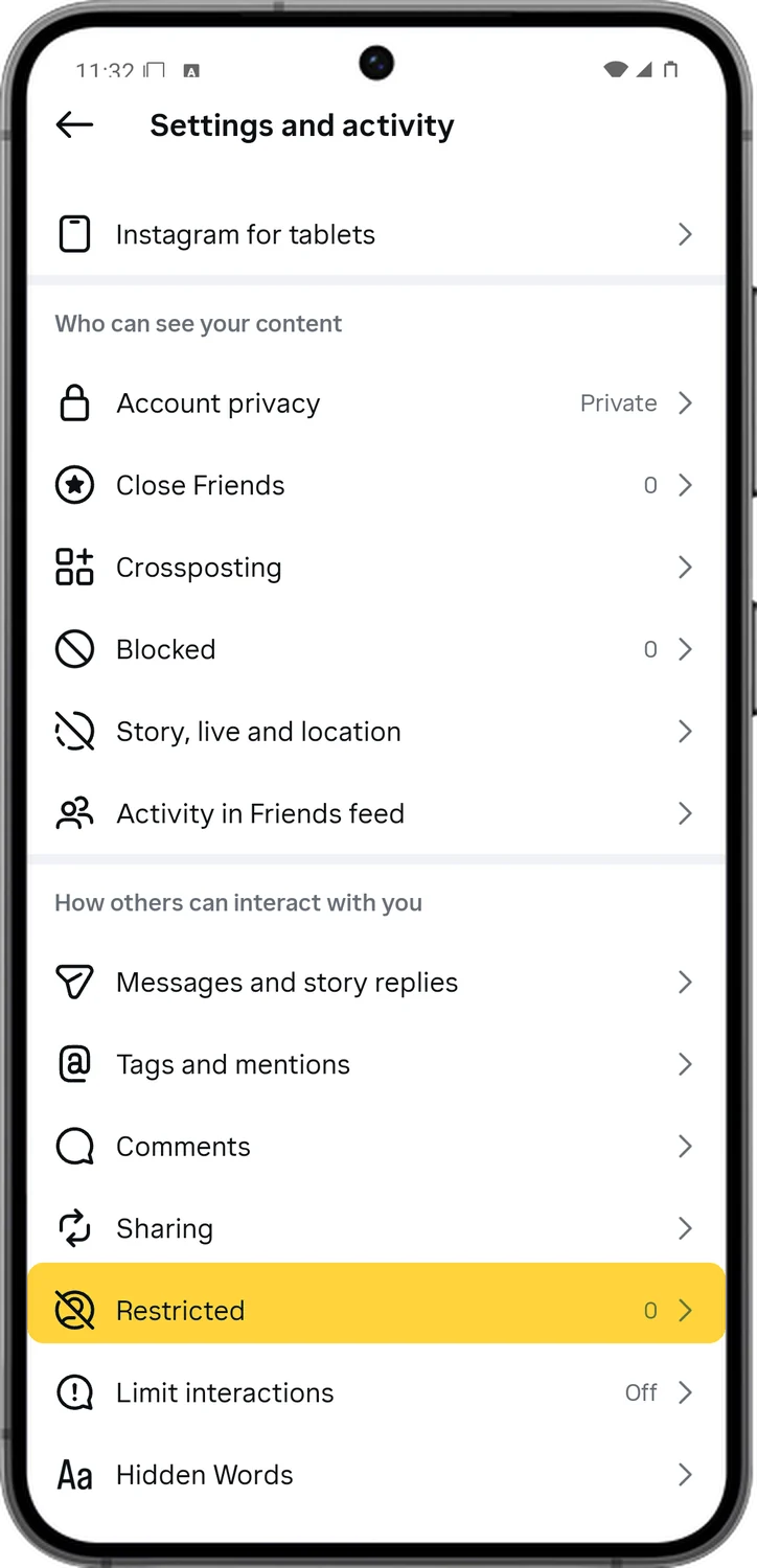 Instagram screen for step 3: Scroll down and tap Restricted.