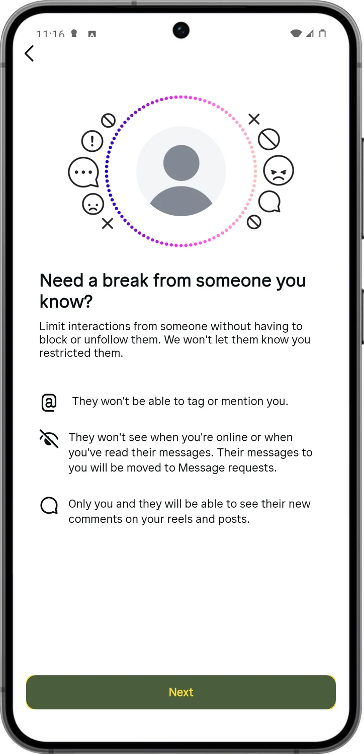 Instagram screen for step 4: Tap Next. Pick the accounts you want to restrict.