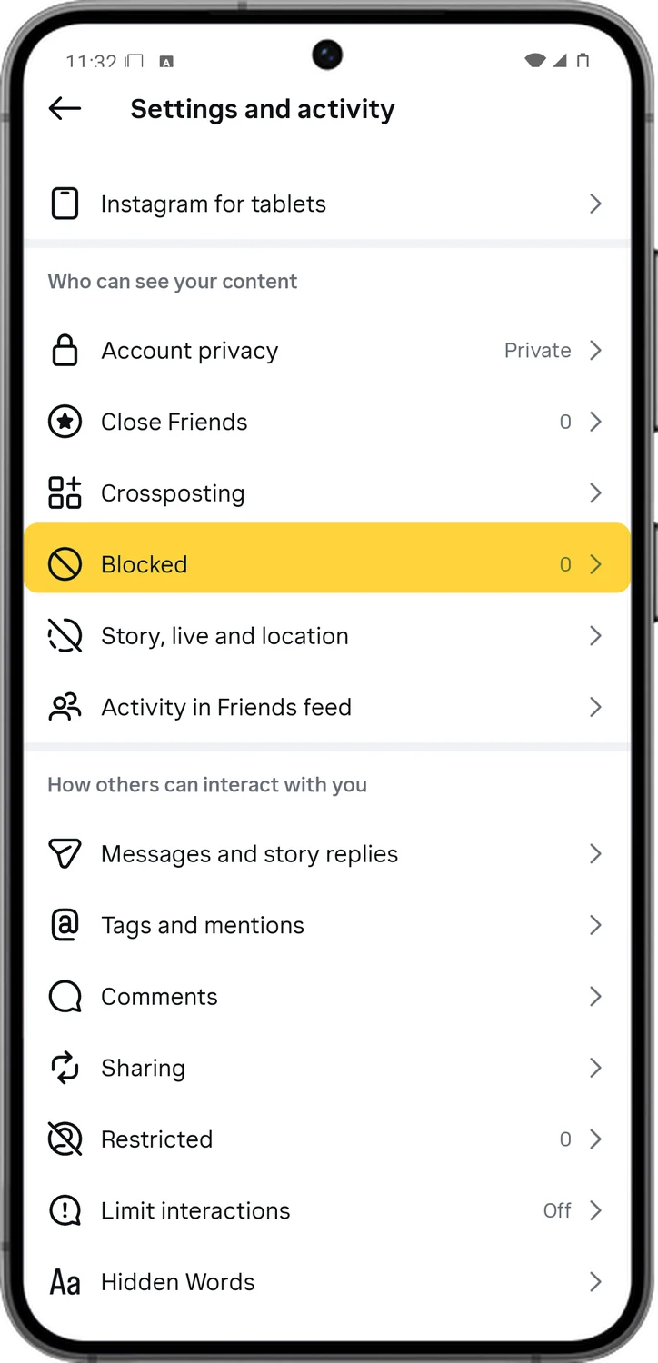Instagram screen for step 5: Go back and tap Blocked.