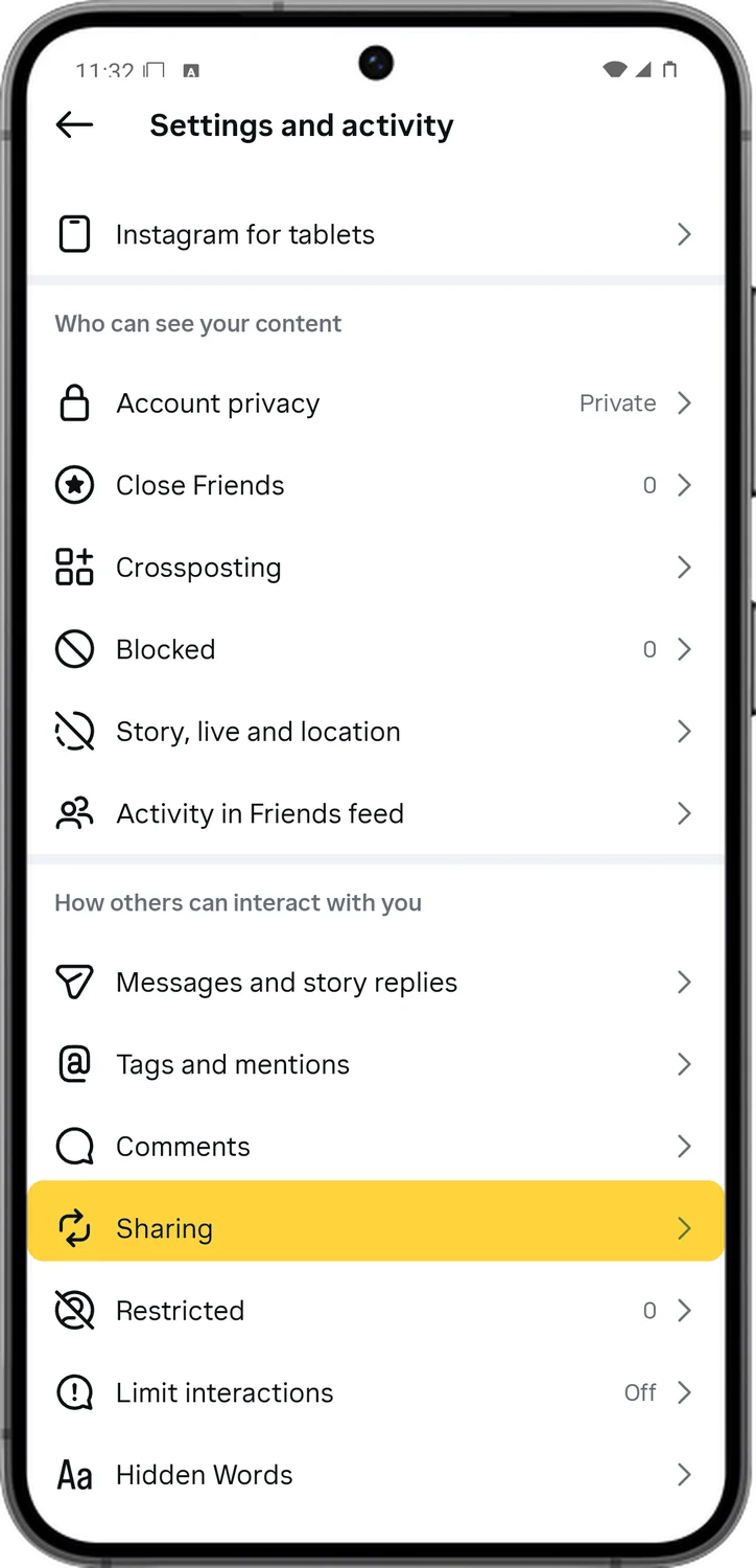 Instagram screen for step 3: Scroll down and tap Sharing.