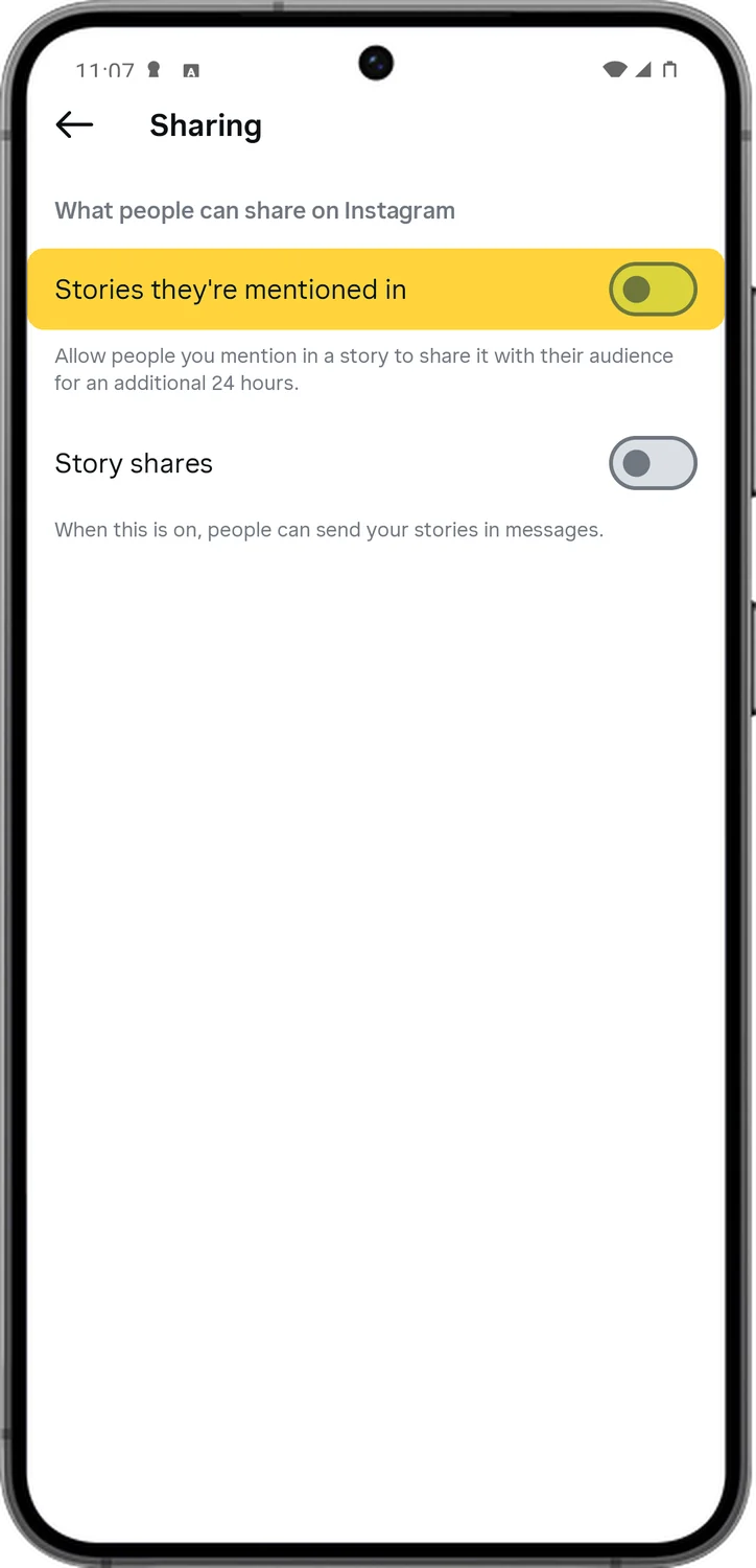 Instagram screen for step 4: Turn off Stories they're mentioned in.