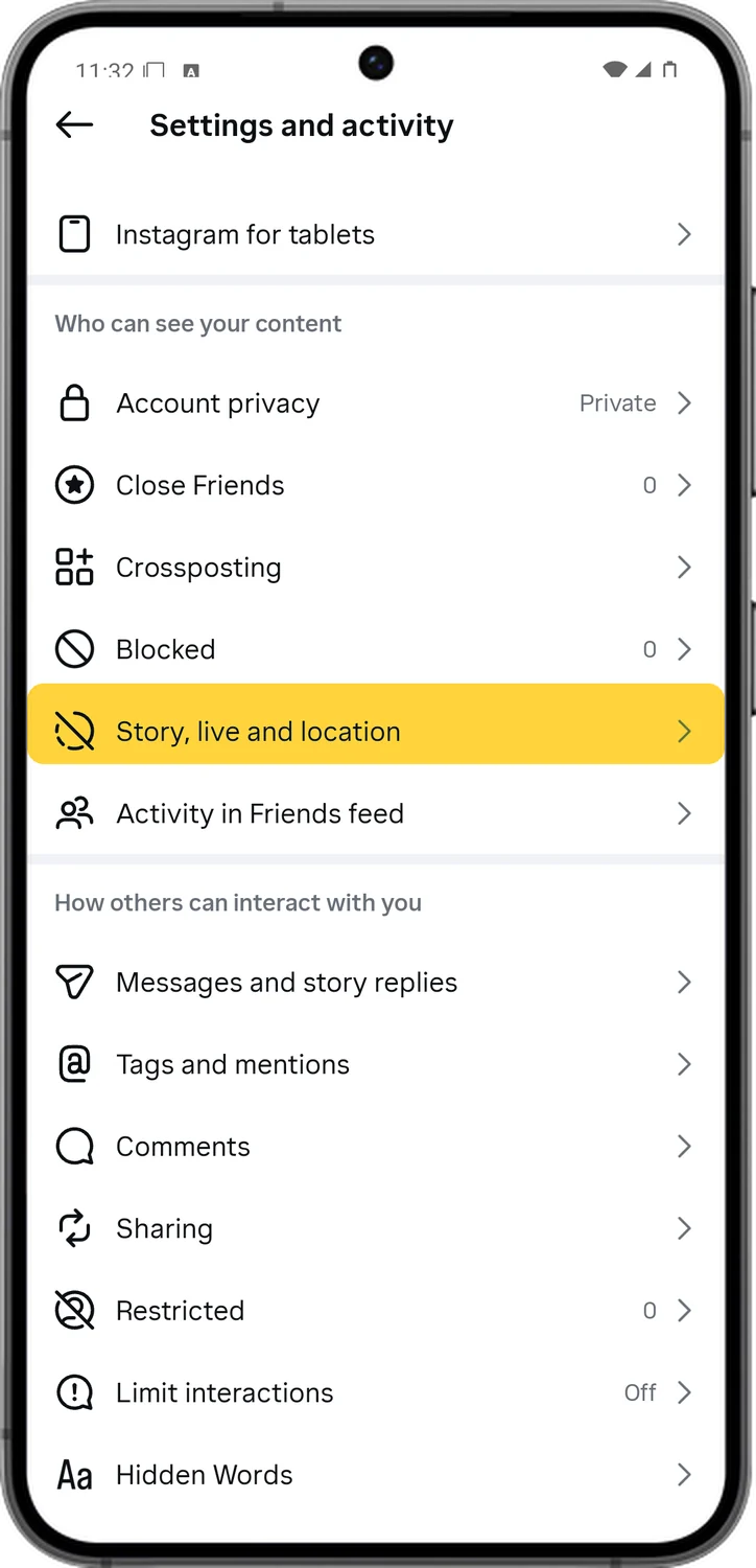 Instagram screen for step 3: Tap Story, live and location.