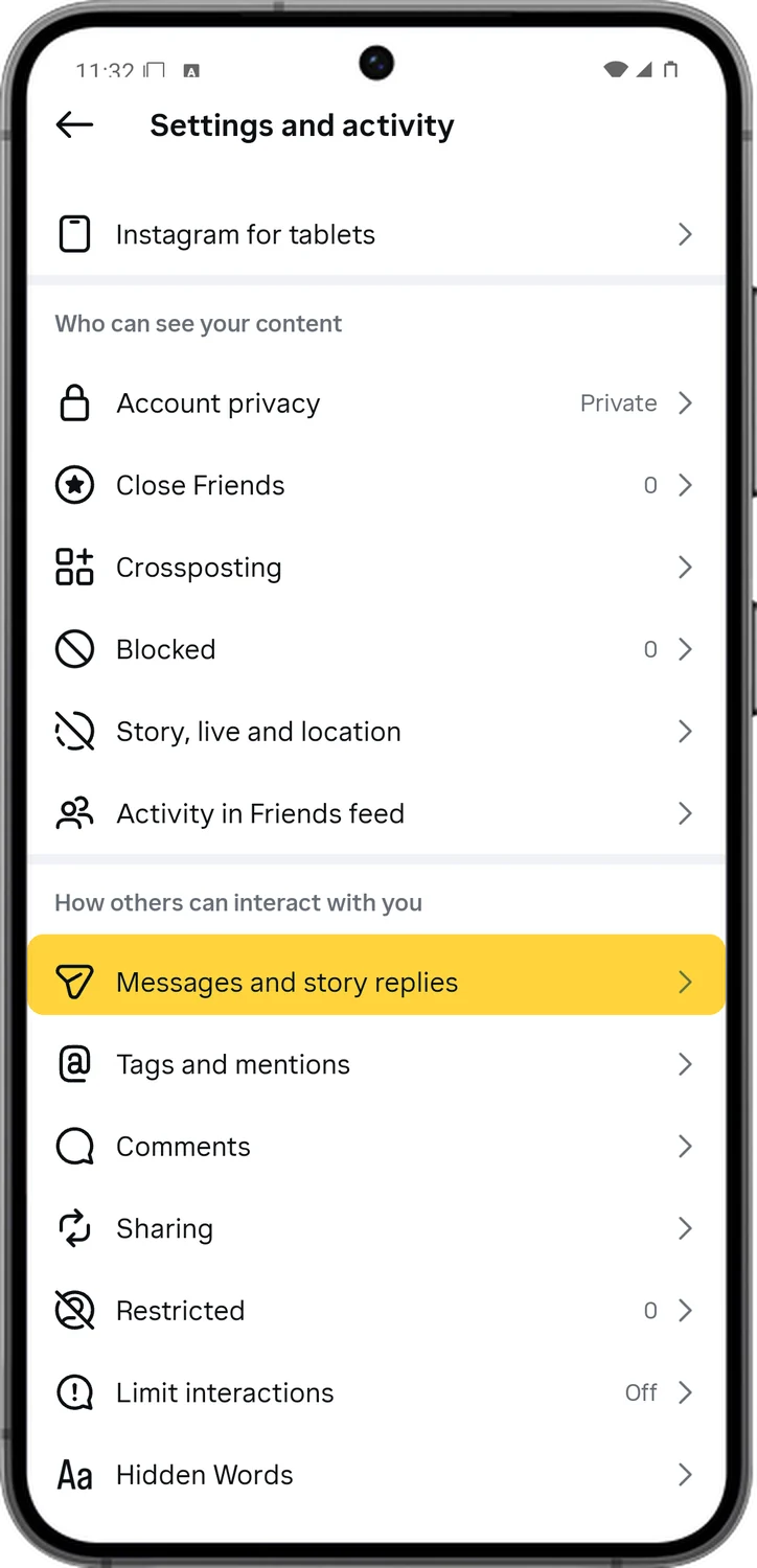 Instagram screen for step 3: Scroll down and tap Messages and story replies.