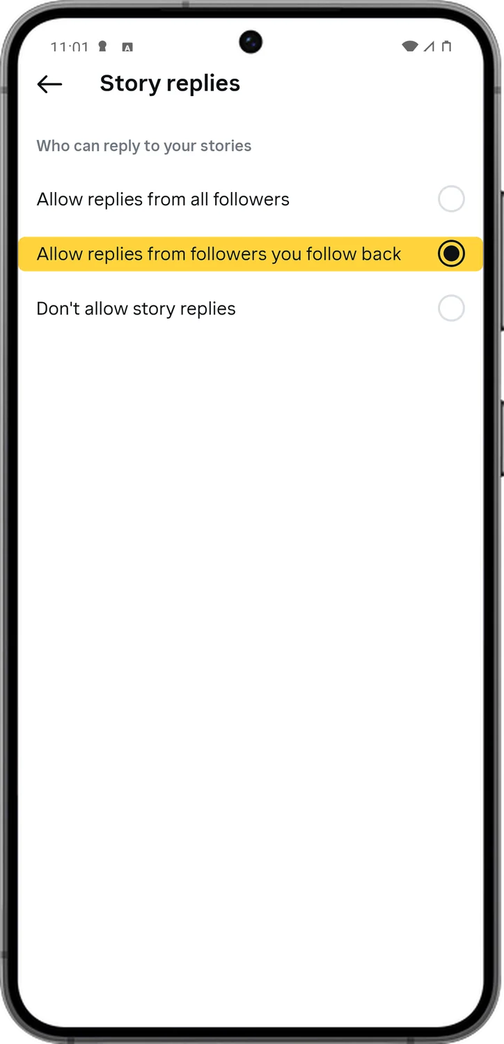 Instagram screen for step 5: Choose Allow replies from followers you follow back. Or choose Don't allow story replies.