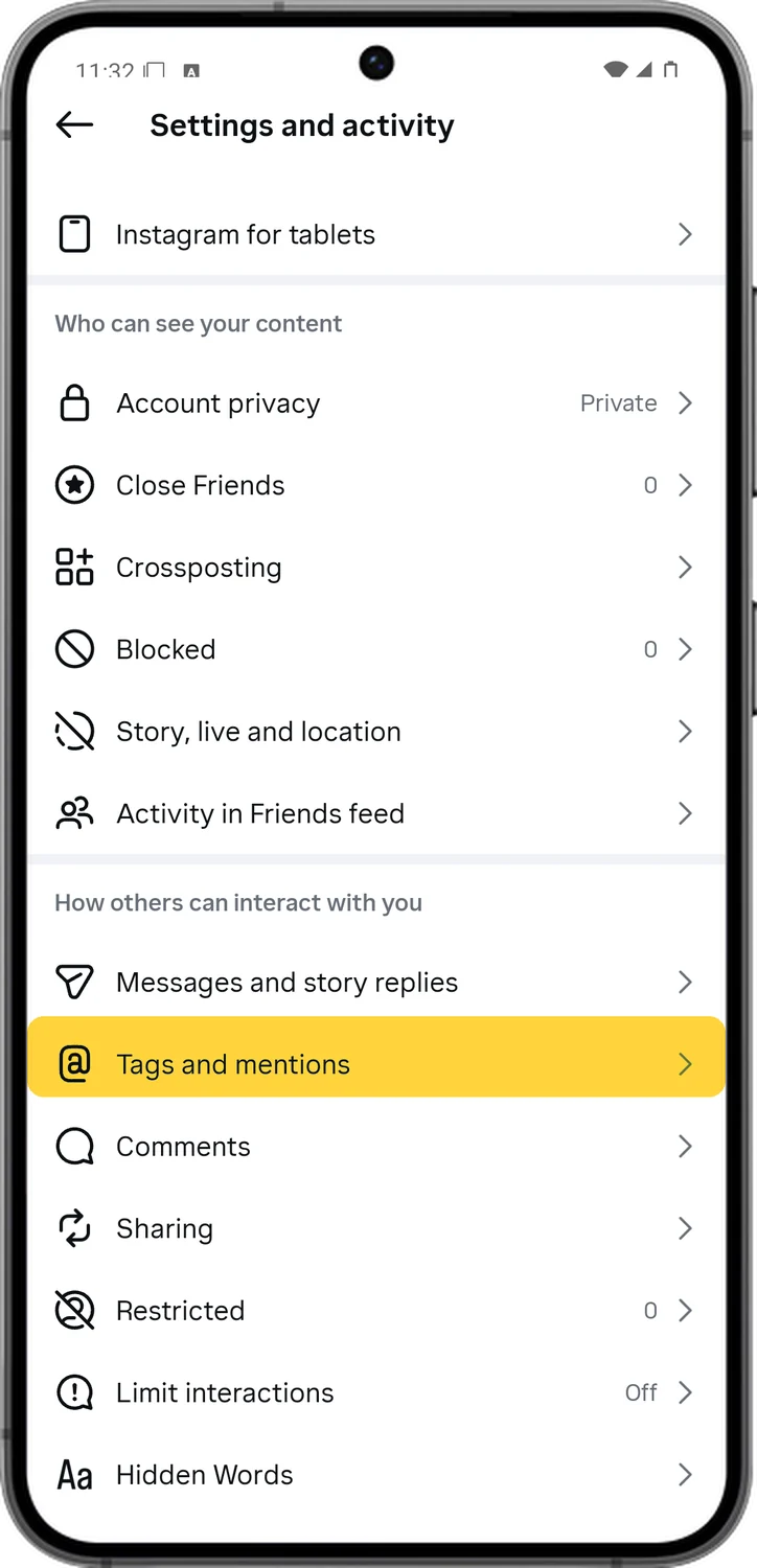 Instagram screen for step 3: Scroll down and tap Tags and mentions.