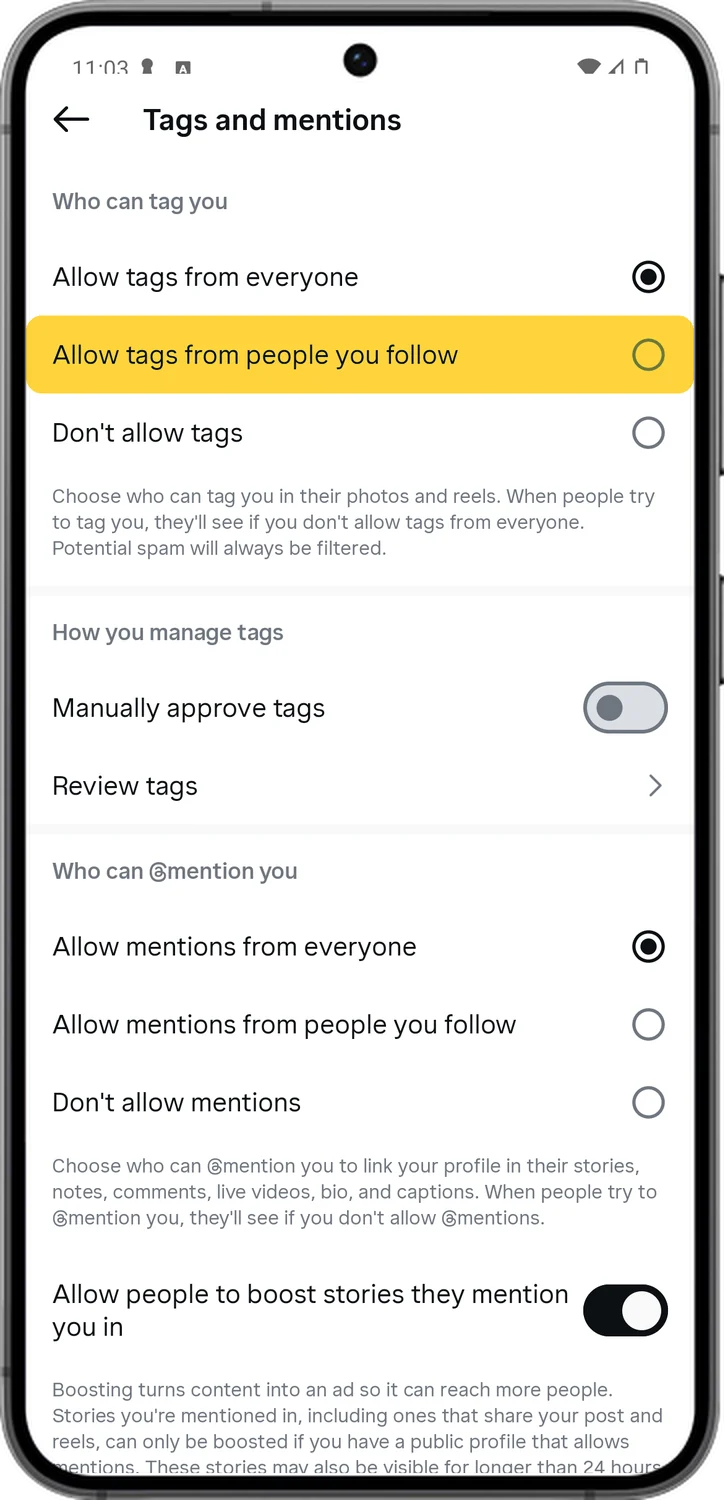 Instagram screen for step 4: Under Who can tag you, choose Allow tags from people you follow.
