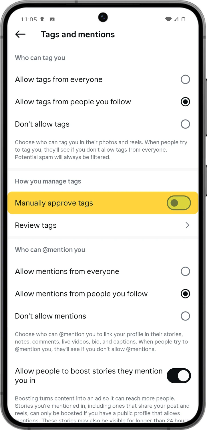 Instagram screen for step 5: Turn on Manually approve tags.