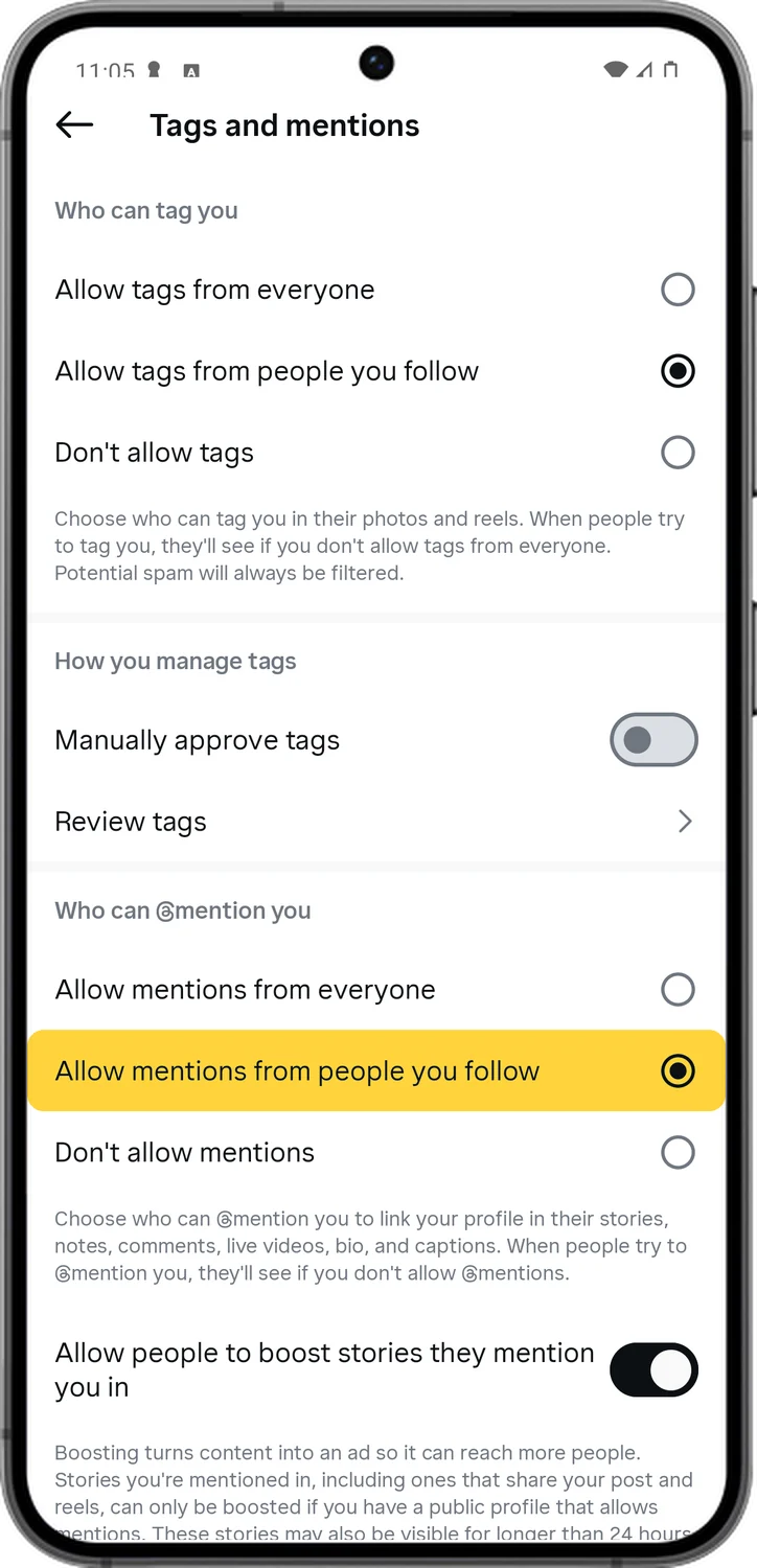 Instagram screen for step 6: Under Who can @mention you, choose Allow mentions from people you follow.