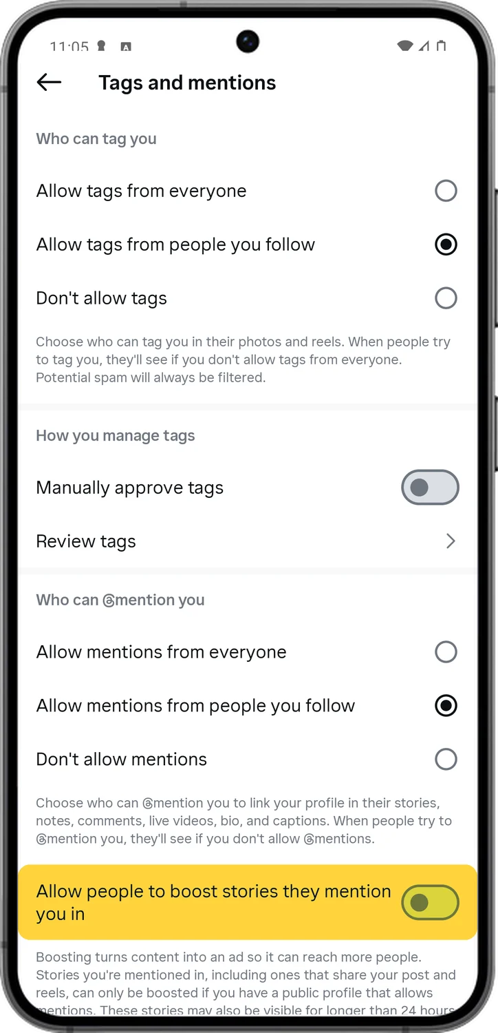 Instagram screen for step 7: Turn off Allow people to boost stories they mention you in.