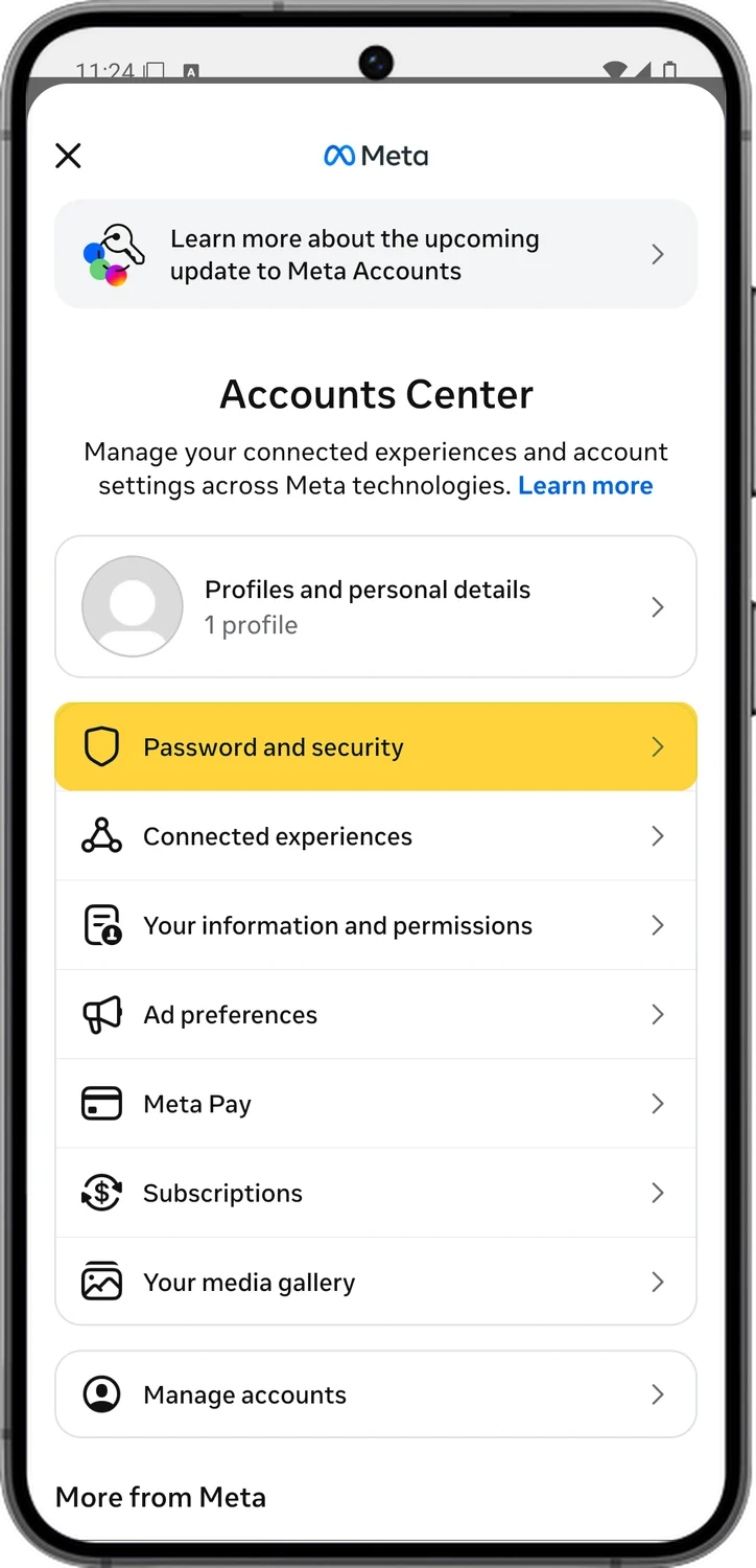 Instagram screen for step 4: Tap Password and security.