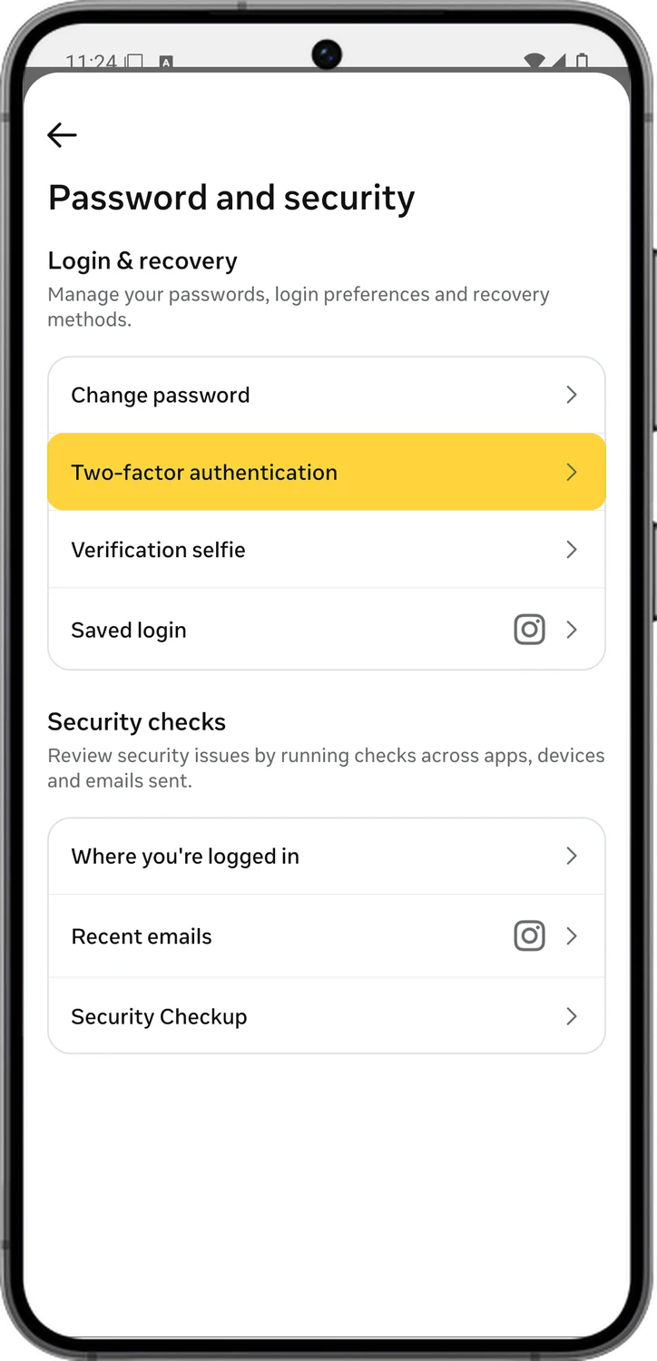 Instagram screen for step 5: Tap Two-factor authentication.