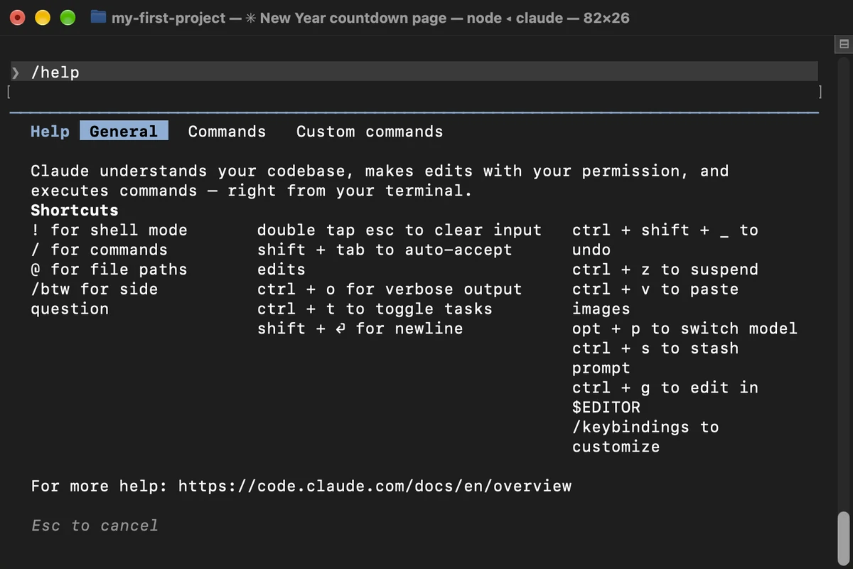 Claude Code, step 23: Open the help screen